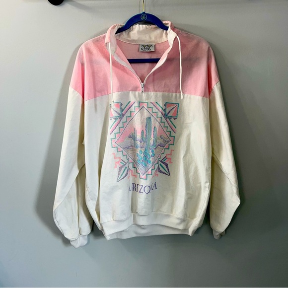 Vintage Arizona Cotton Fitz Quarter Zip Up Pink & White Pullover Large Cactus - Picture 1 of 7